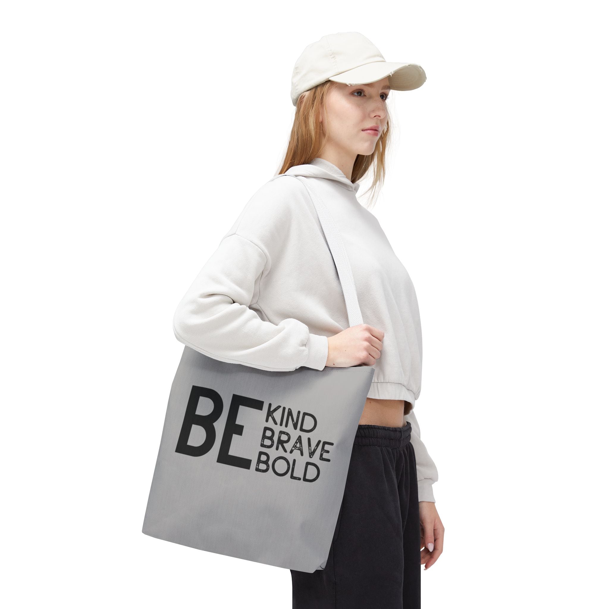 Inspirational Tote Bag - Be Kind Brave Bold - Eco-Friendly Carryall - Light Grey
