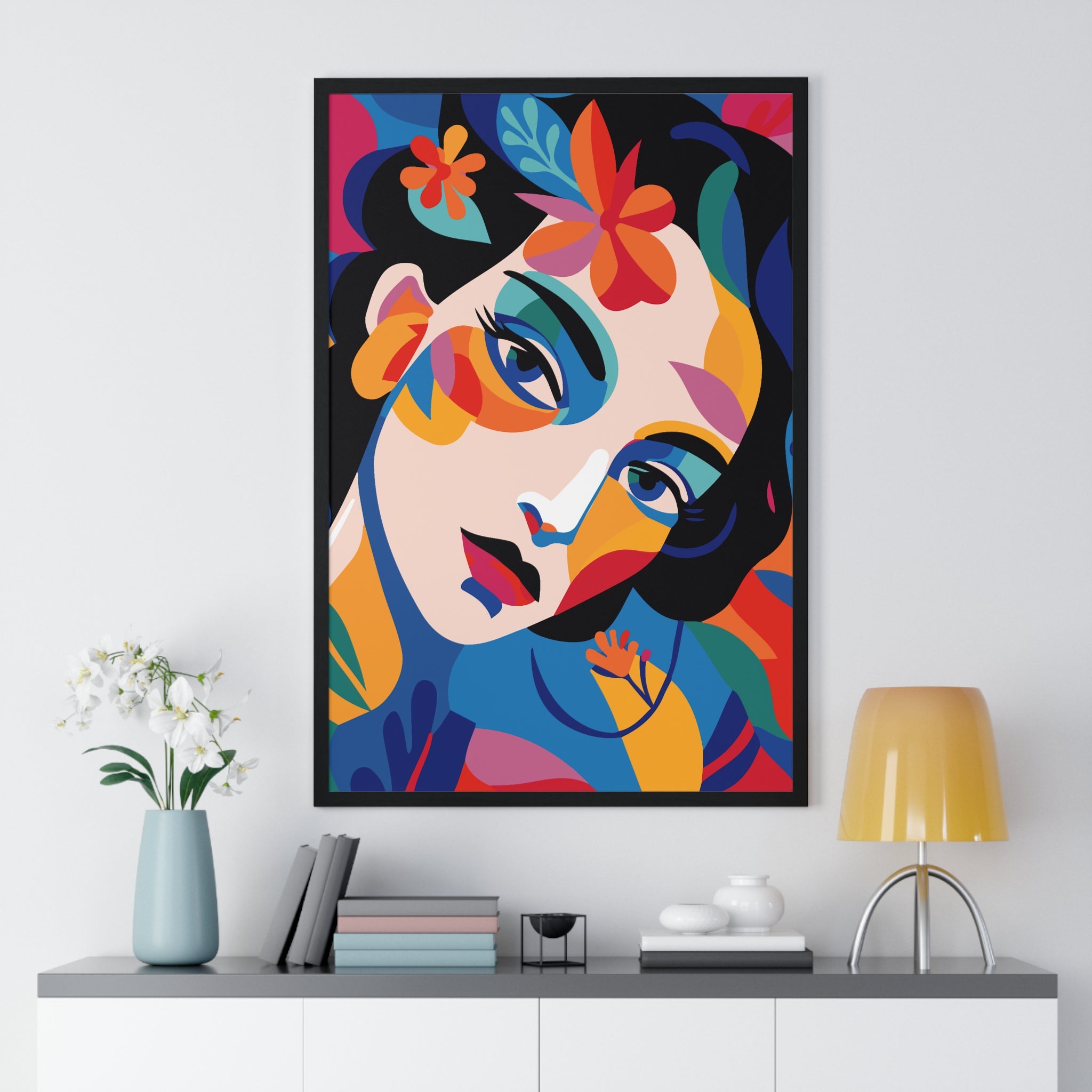 Vibrant Floral Portrait Abstract Art in Premium Wood Frame