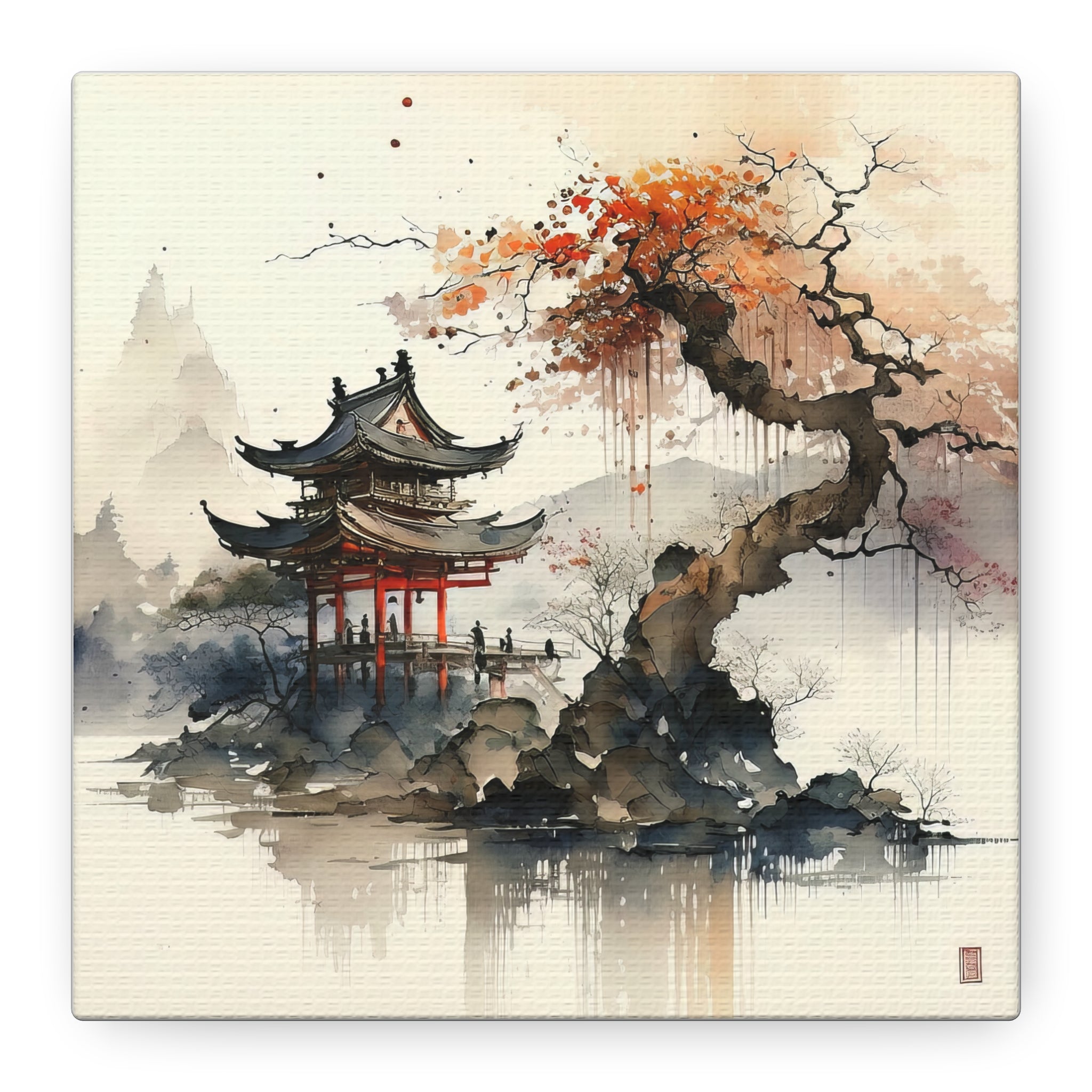 Japanese Watercolor Landscape Wall Art – Pagoda & Autumn Tree, Floral Canvas Print, Asian-Inspired Home Decor - Gallory Hive