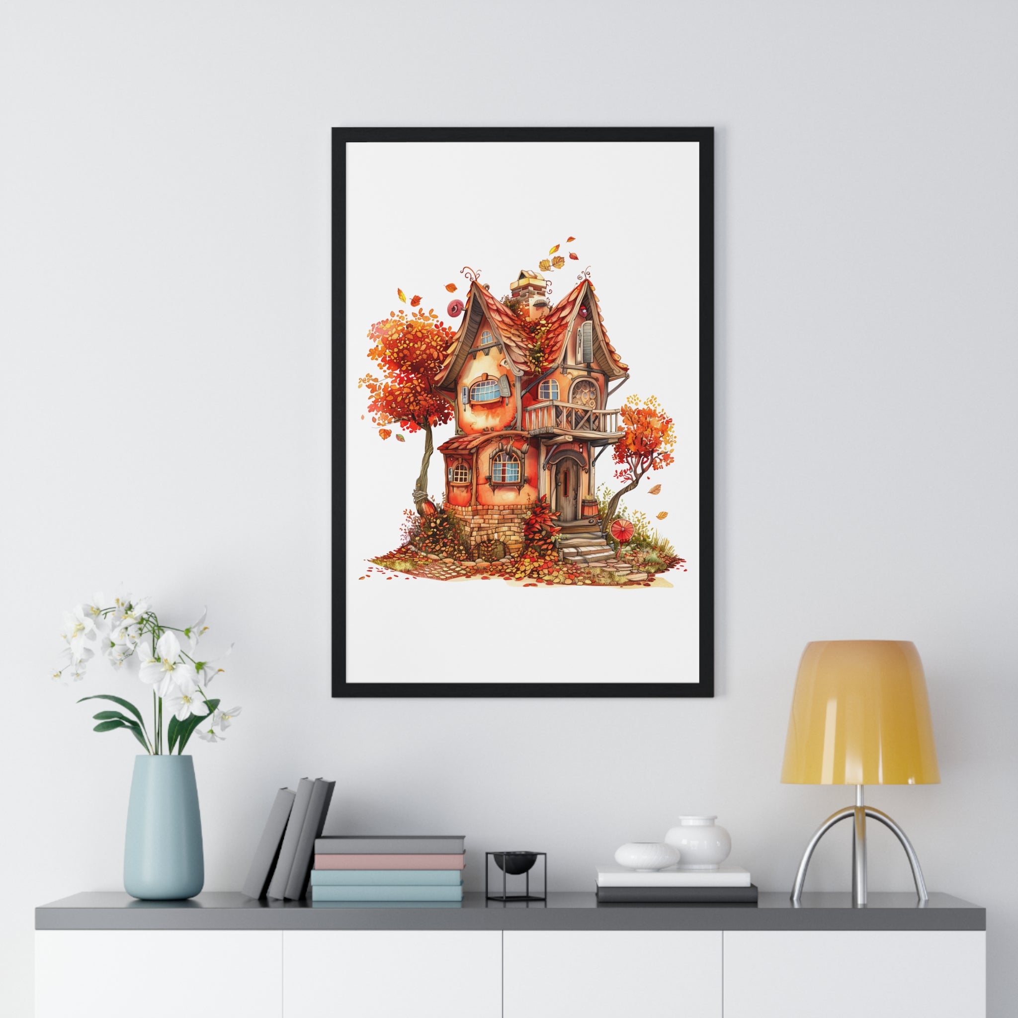 Whimsical Autumn Cottage – Wooden Framed Wall Art