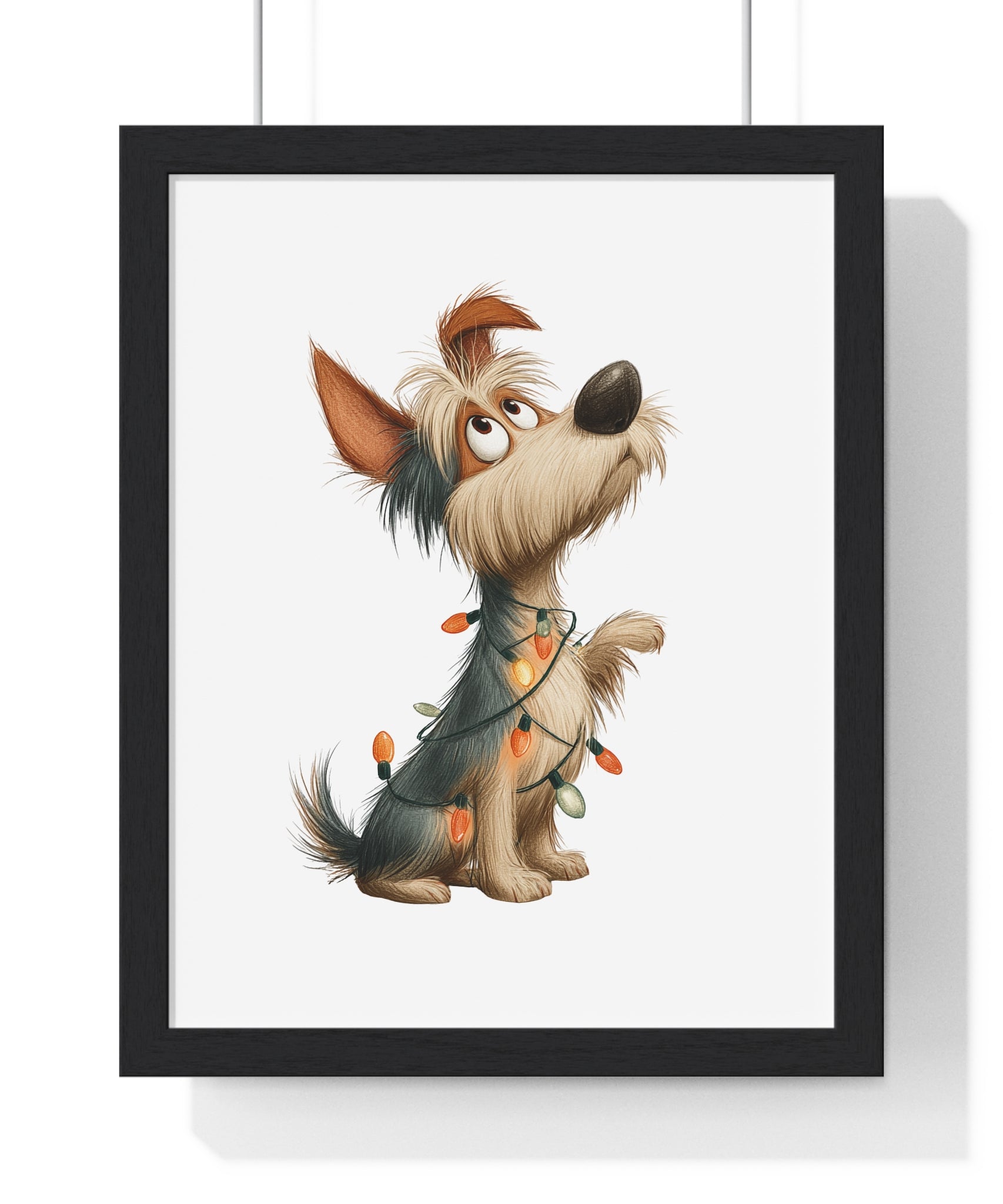 Playful Pup in Christmas Lights – Wooden Framed Holiday Wall Art