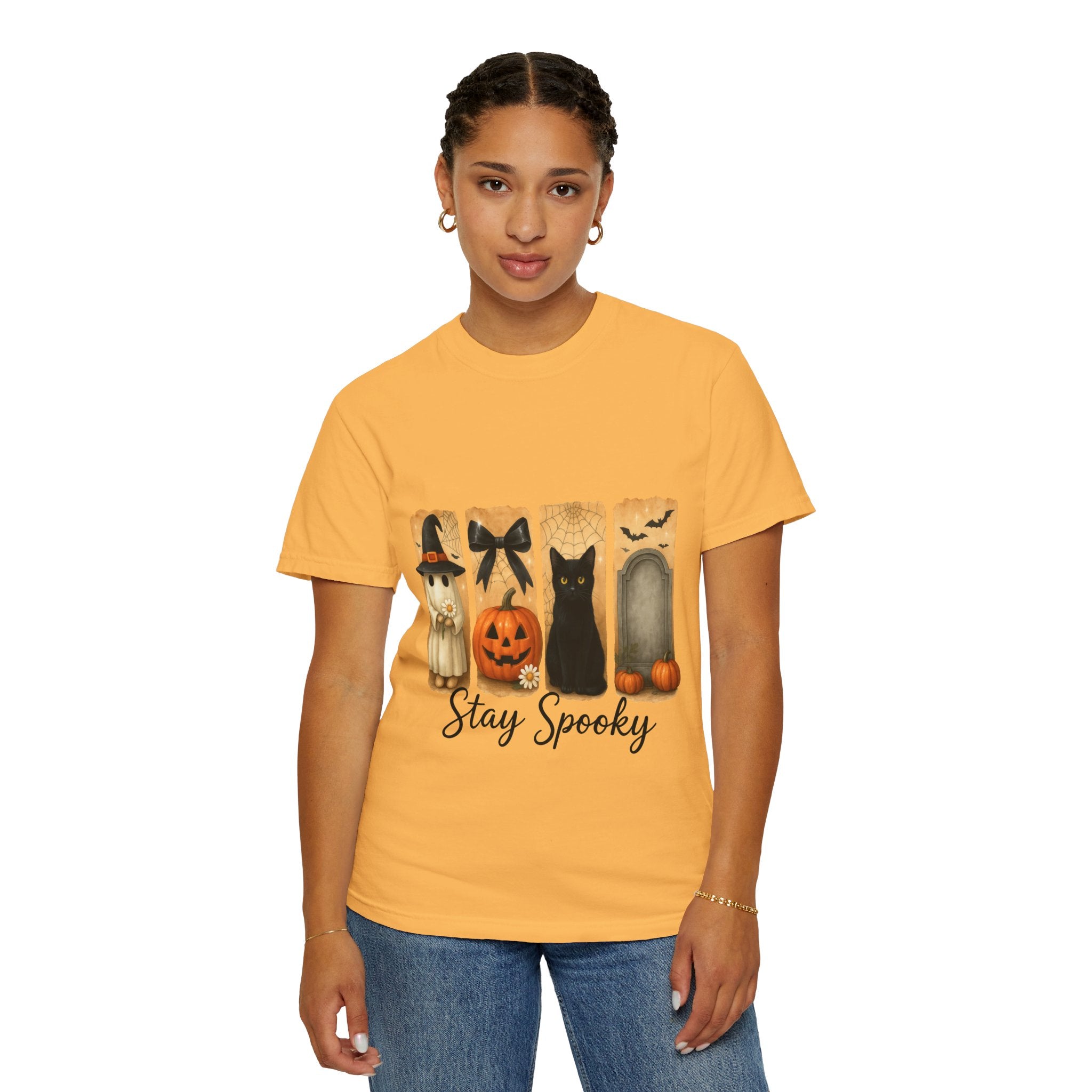 Cute Halloween T-Shirt – Ghost in Witch Hat, Pumpkin, Black Cat & Tombstone Design - Gallory Hive