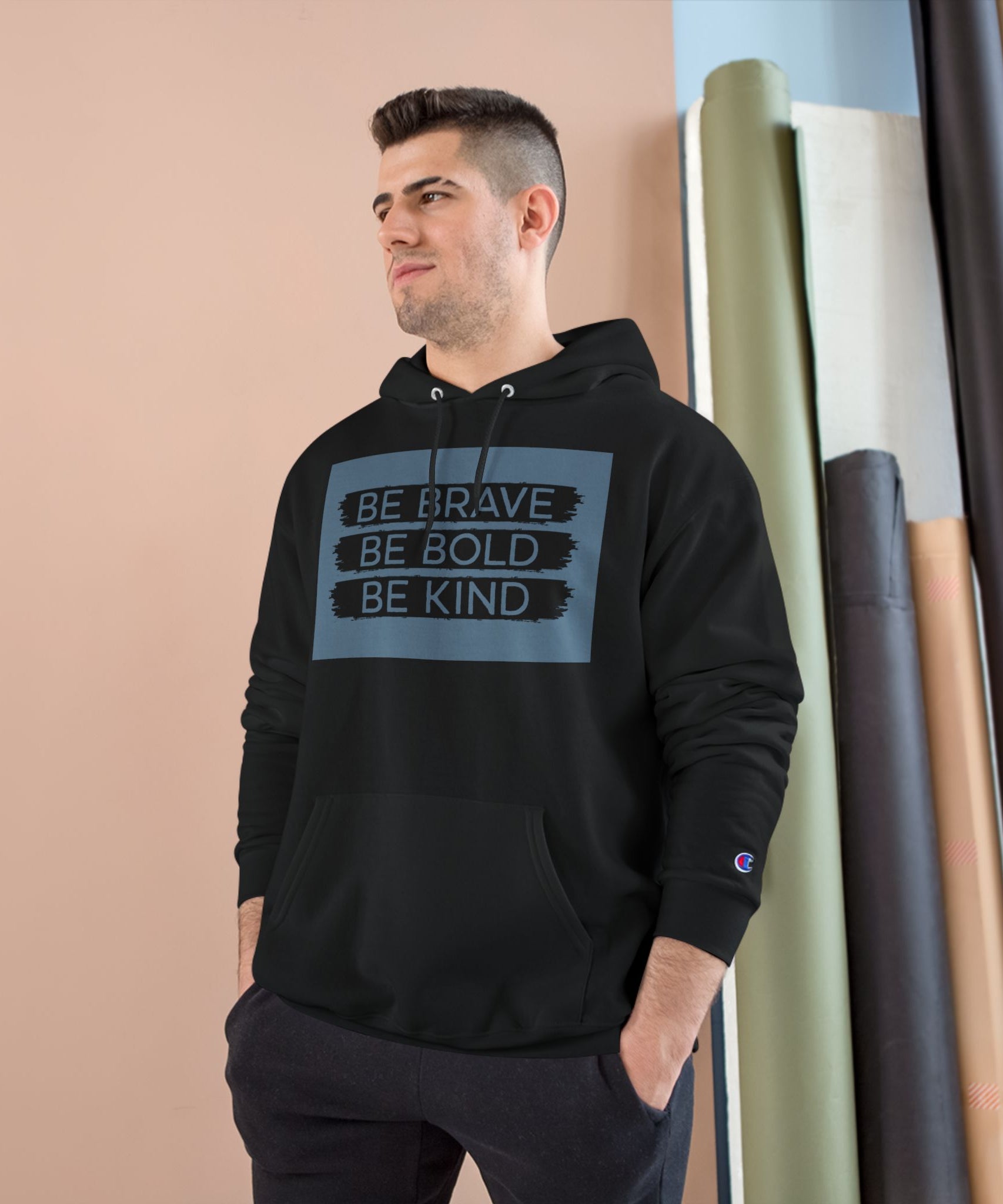 Champion Hoodie - Bold, Brave, Kind Minimalist Hand Sign Print