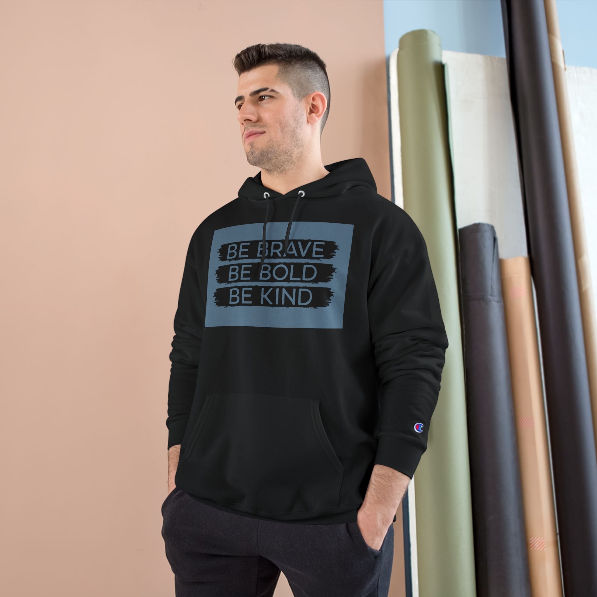 Champion Hoodie - Bold, Brave, Kind Minimalist Hand Sign Print