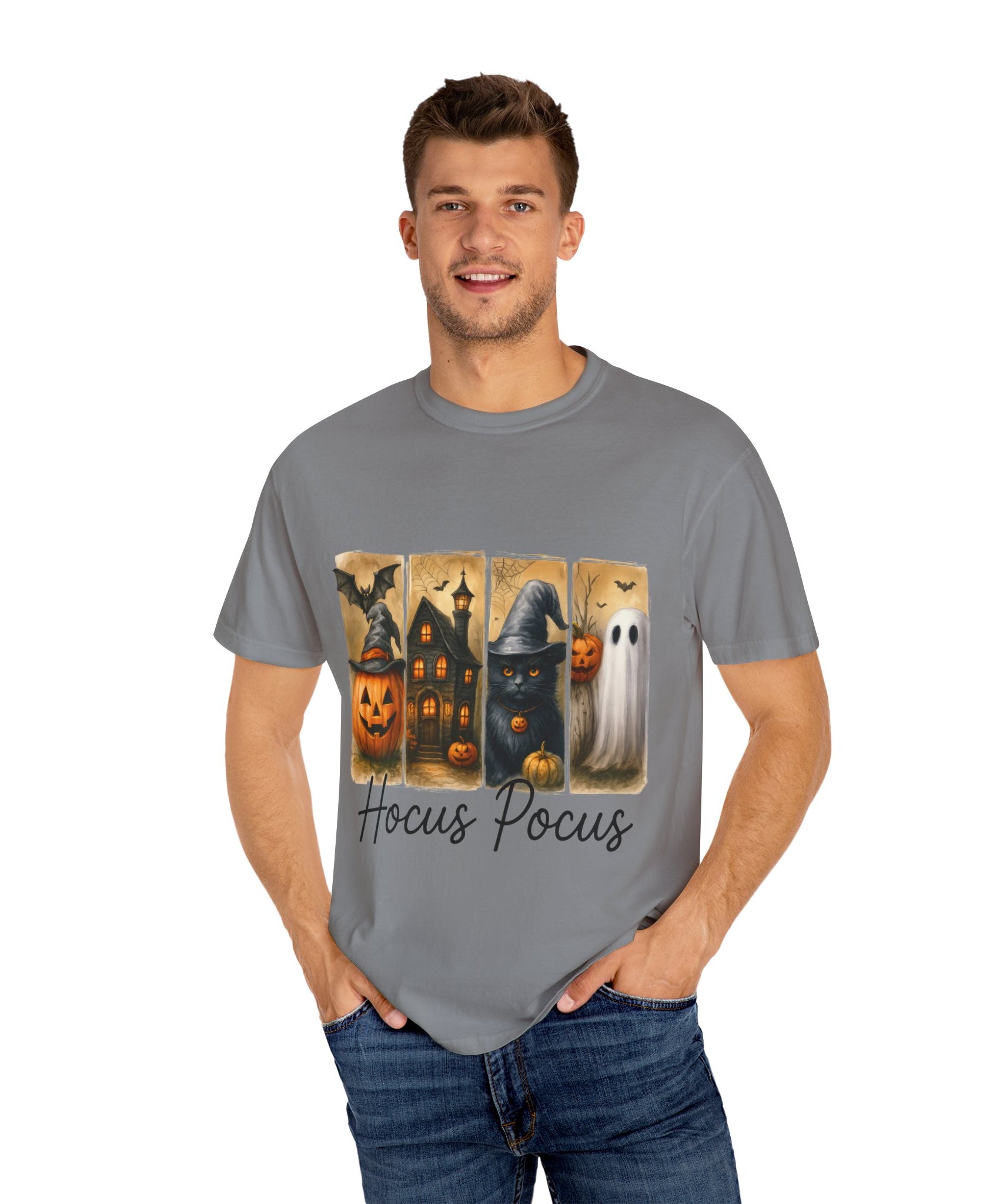 Hocus Pocus Halloween Unisex T-Shirt – Witchy Cat, Haunted House, Pumpkin & Ghost Art - Gallory Hive