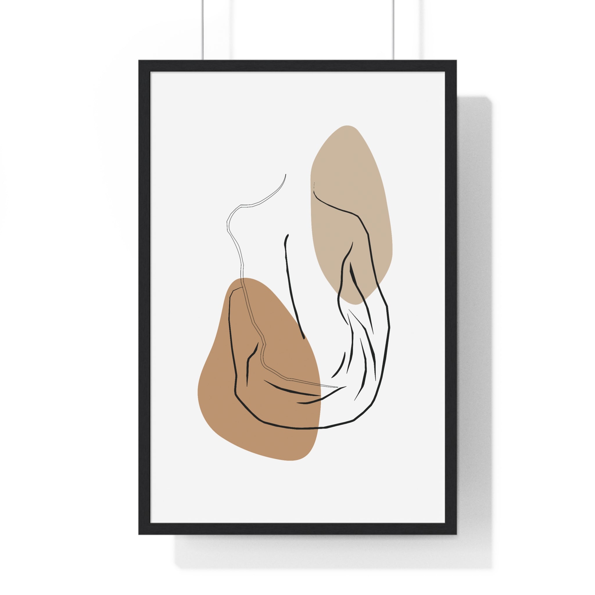 Modern Minimalist Torso Line Art – Earth Tone Abstract Print in Wooden Frame