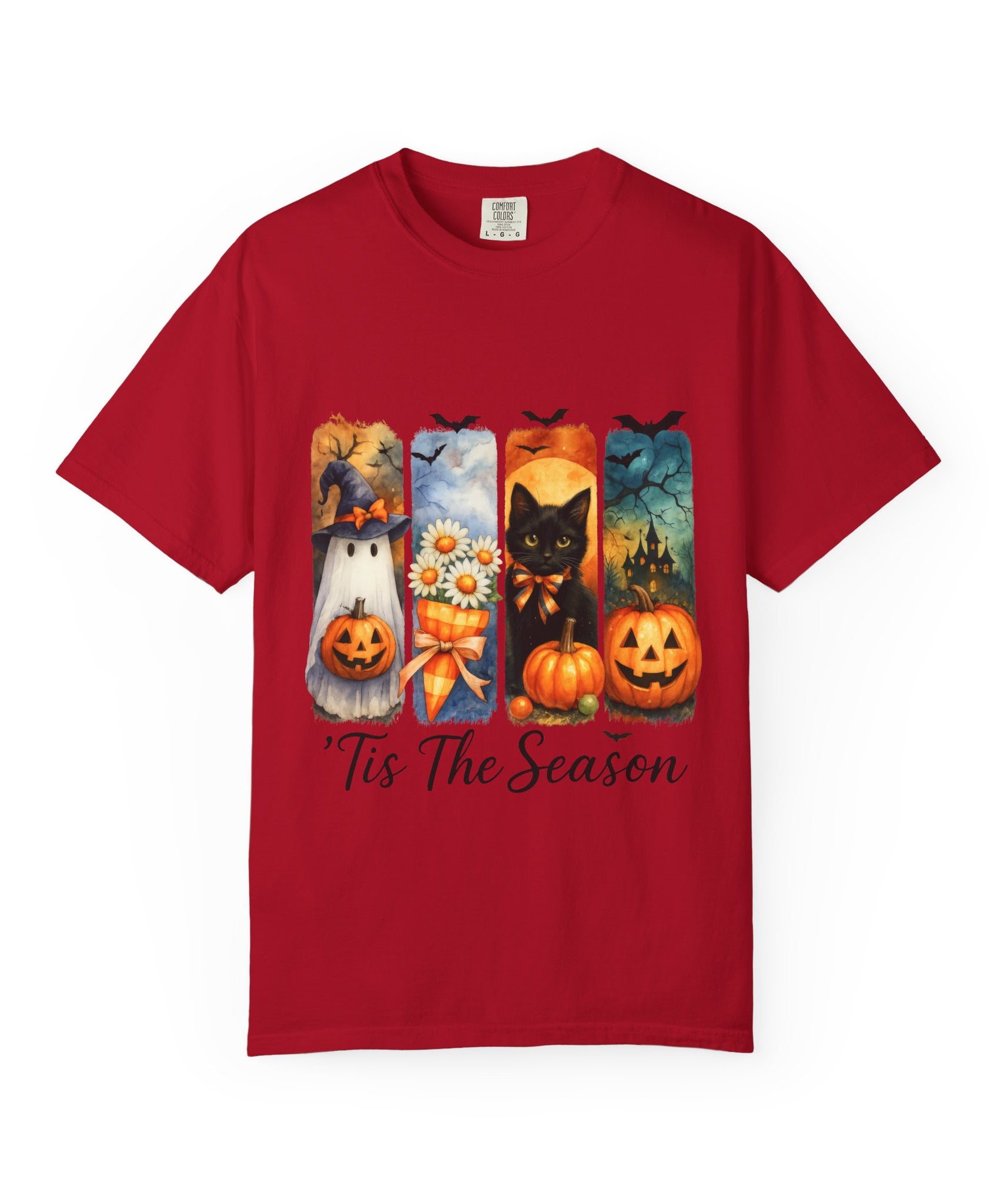 Whimsical Halloween T-Shirt – Ghost, Black Cat, Pumpkins & Haunted House Design - Gallory Hive