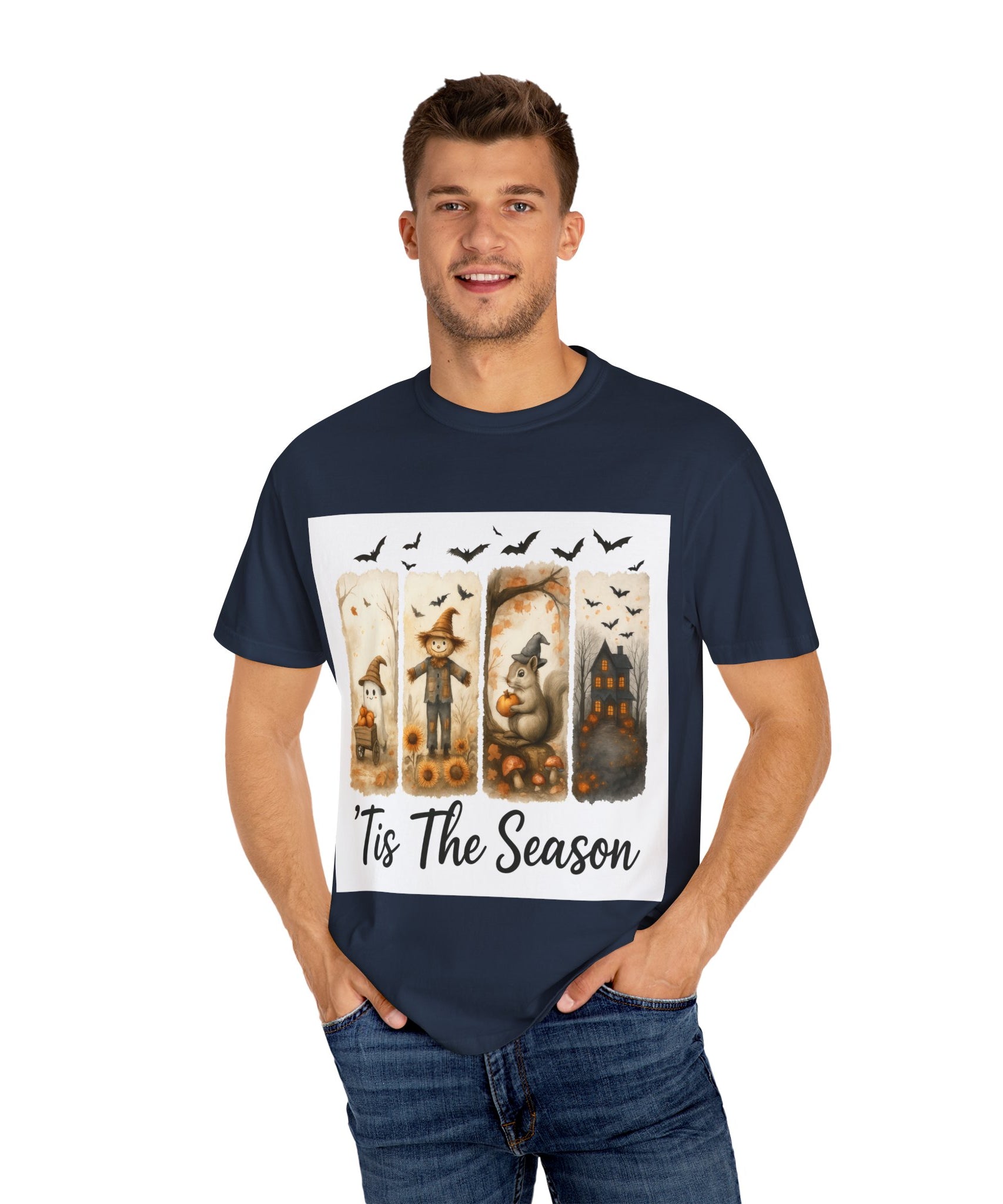 Tis The Season Fall Halloween T-Shirt – Cute Ghost, Scarecrow, Squirrel & Haunted House Design - Gallory Hive