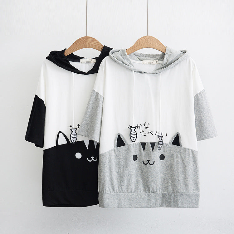 Small fresh everything Japanese little women's cute soft sister hoodie summer clothes new cat hooded short sleeve T-shirt 62