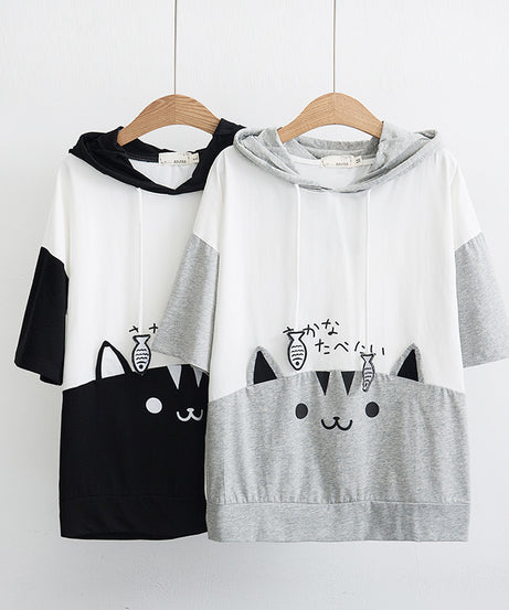 Small fresh everything Japanese little women's cute soft sister hoodie summer clothes new cat hooded short sleeve T-shirt 62