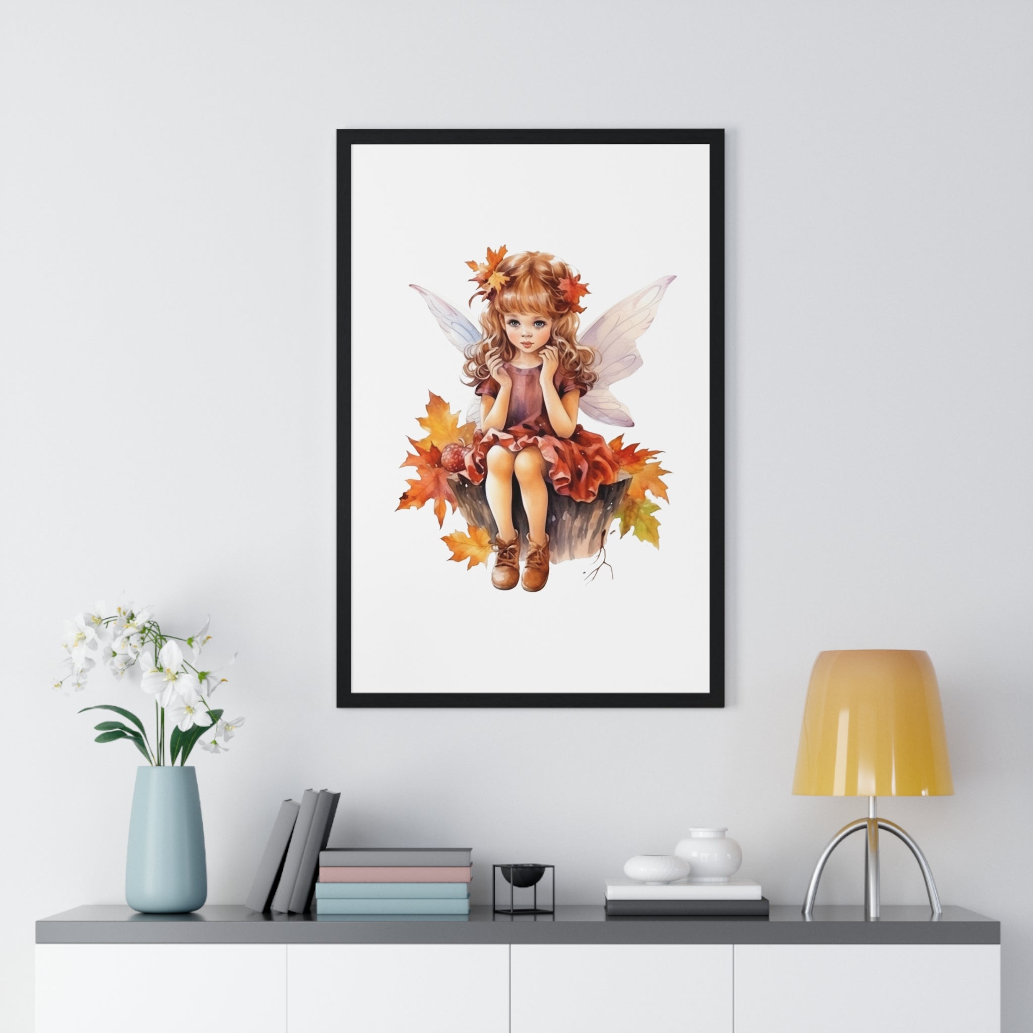 Whimsical Autumn Fairy Wall Art – Wooden Frame Poster for Seasonal Fantasy Decor