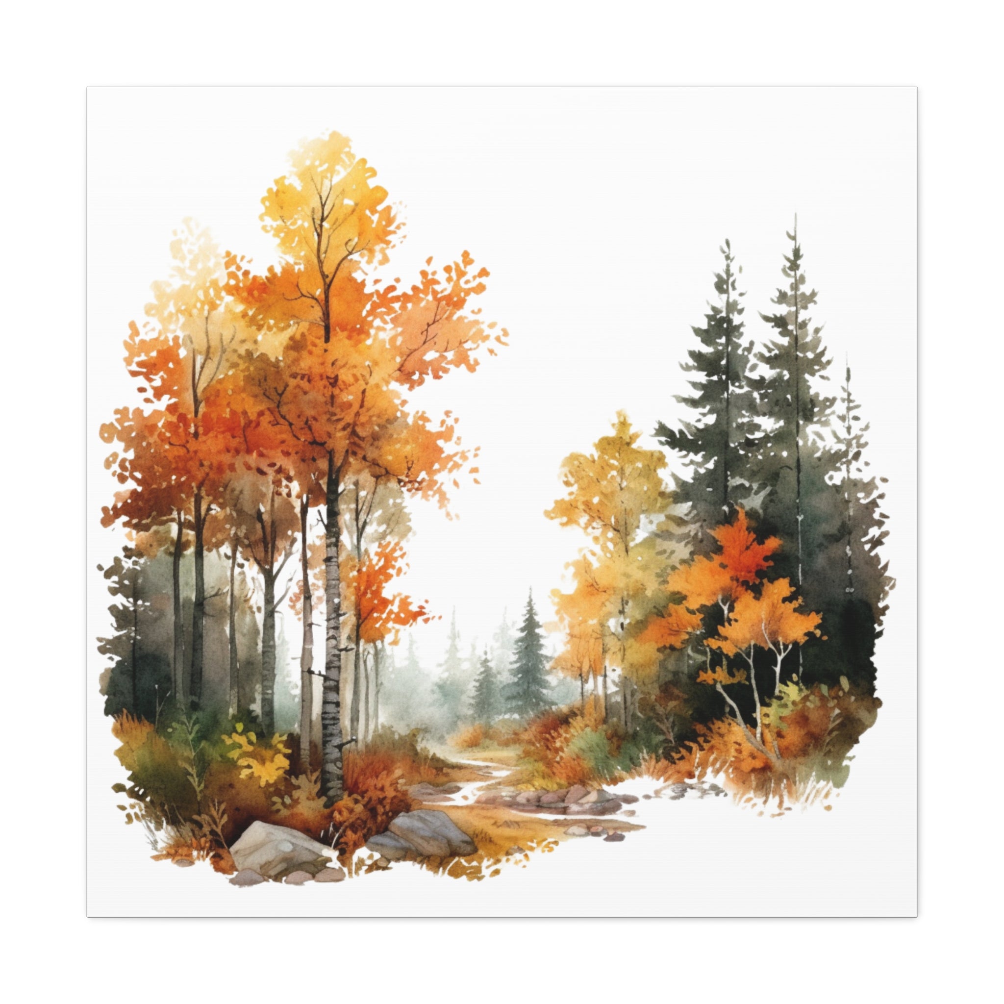 Tranquil Passage – Autumn Forest Watercolor on Floral Canvas Wall Art