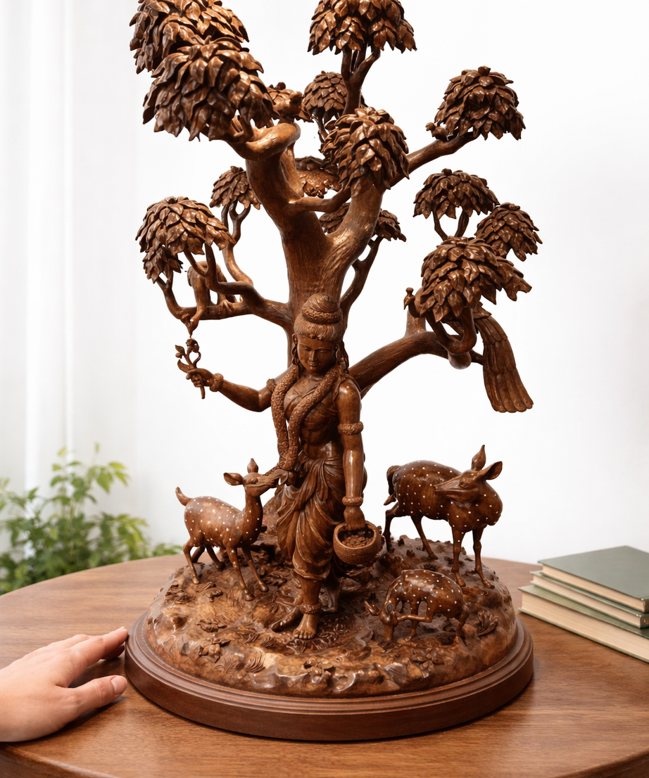 Handcrafted Wooden Shakuntala with Deer Sculpture | Gllory Hive