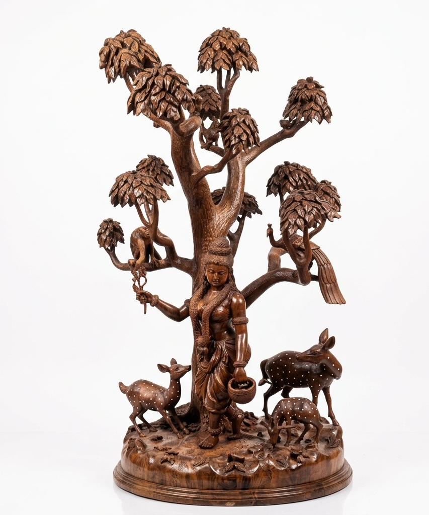 Handcrafted Wooden Shakuntala with Deer Sculpture | Gllory Hive