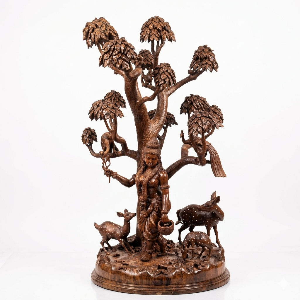 Handcrafted Wooden Shakuntala with Deer Sculpture | Gllory Hive