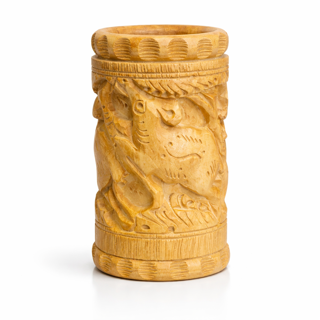 Hand-Carved Wooden Pen Holder – Lion, Elephant & Deer | Gallory Hive