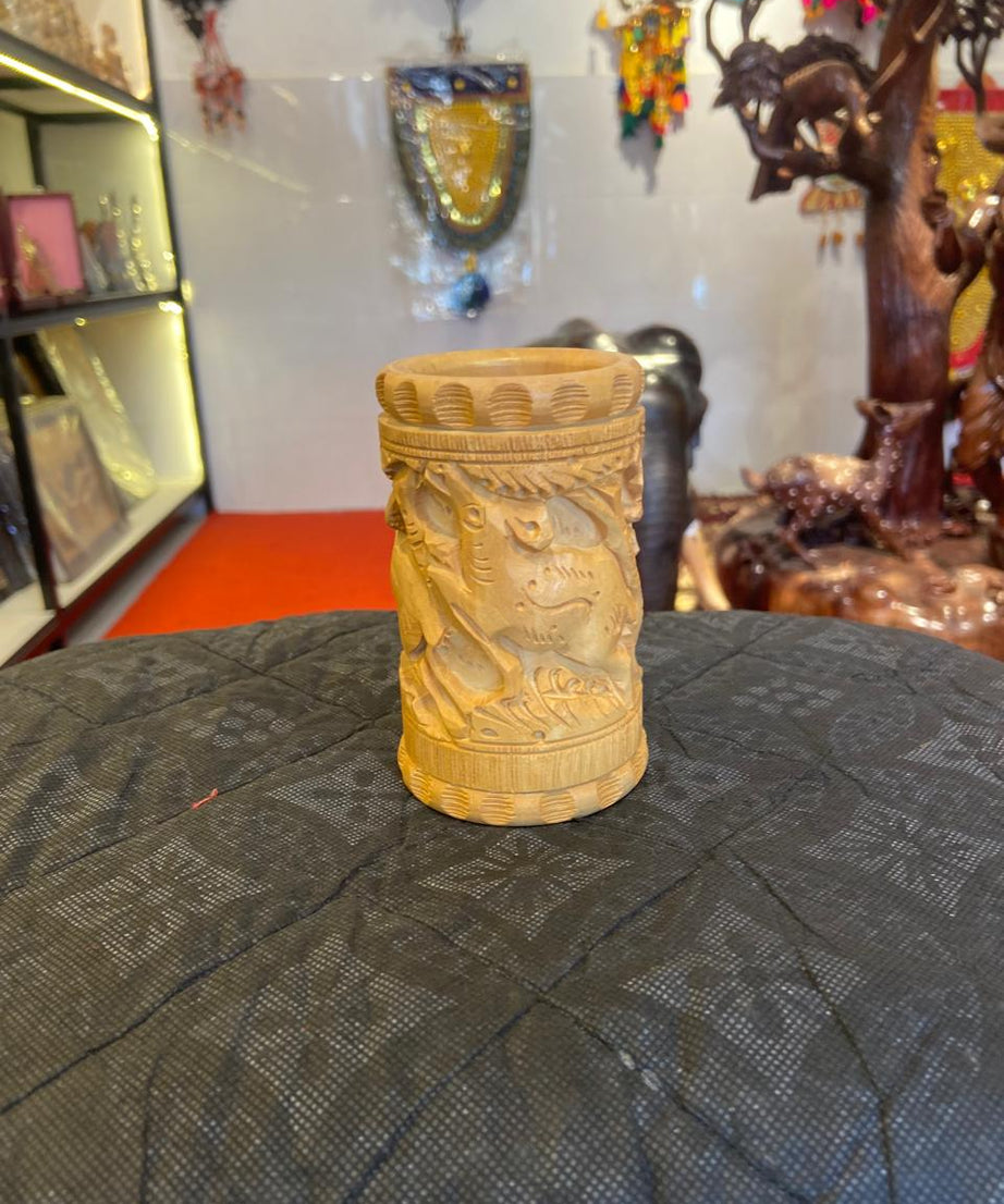 Hand-Carved Wooden Pen Holder – Lion, Elephant & Deer | Gallory Hive