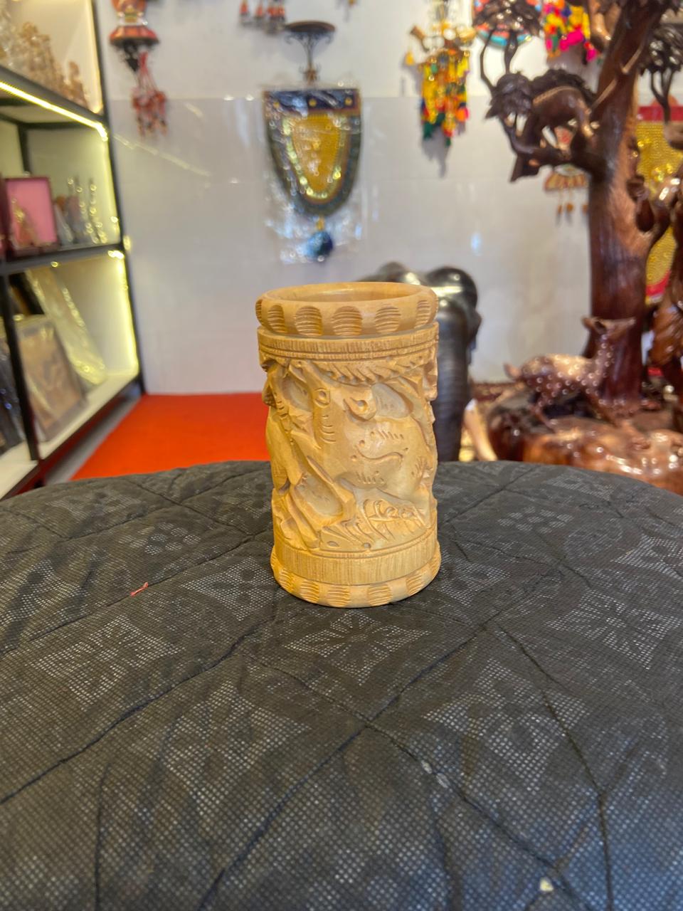 Hand-Carved Wooden Pen Holder – Lion, Elephant & Deer | Gallory Hive