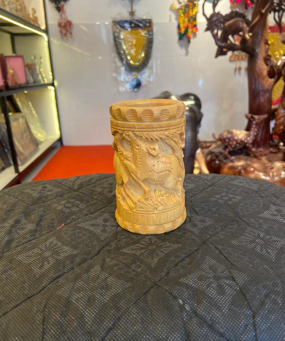 Hand-Carved Wooden Pen Holder – Lion, Elephant & Deer | Gallory Hive