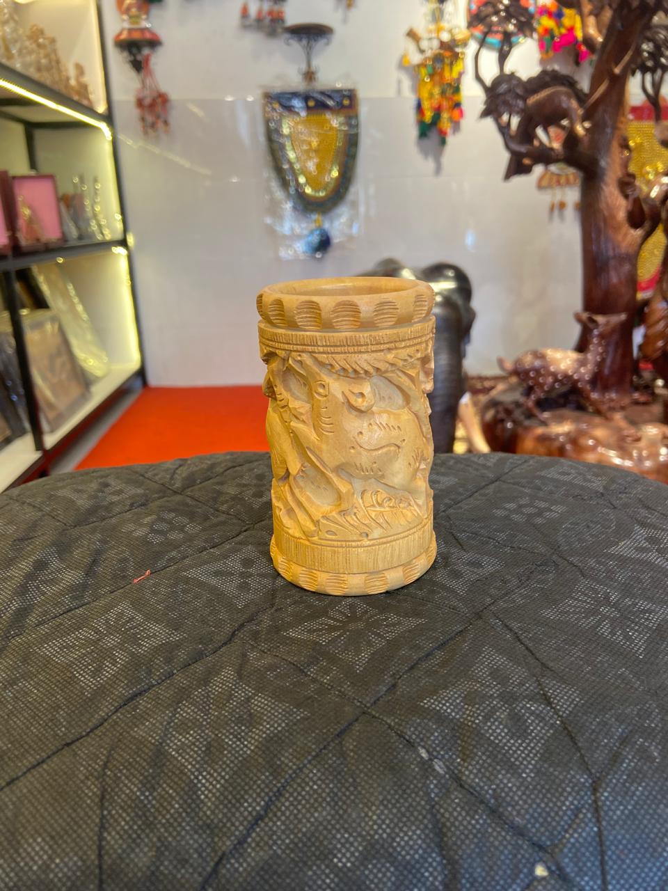 Hand-Carved Wooden Pen Holder – Lion, Elephant & Deer | Gallory Hive