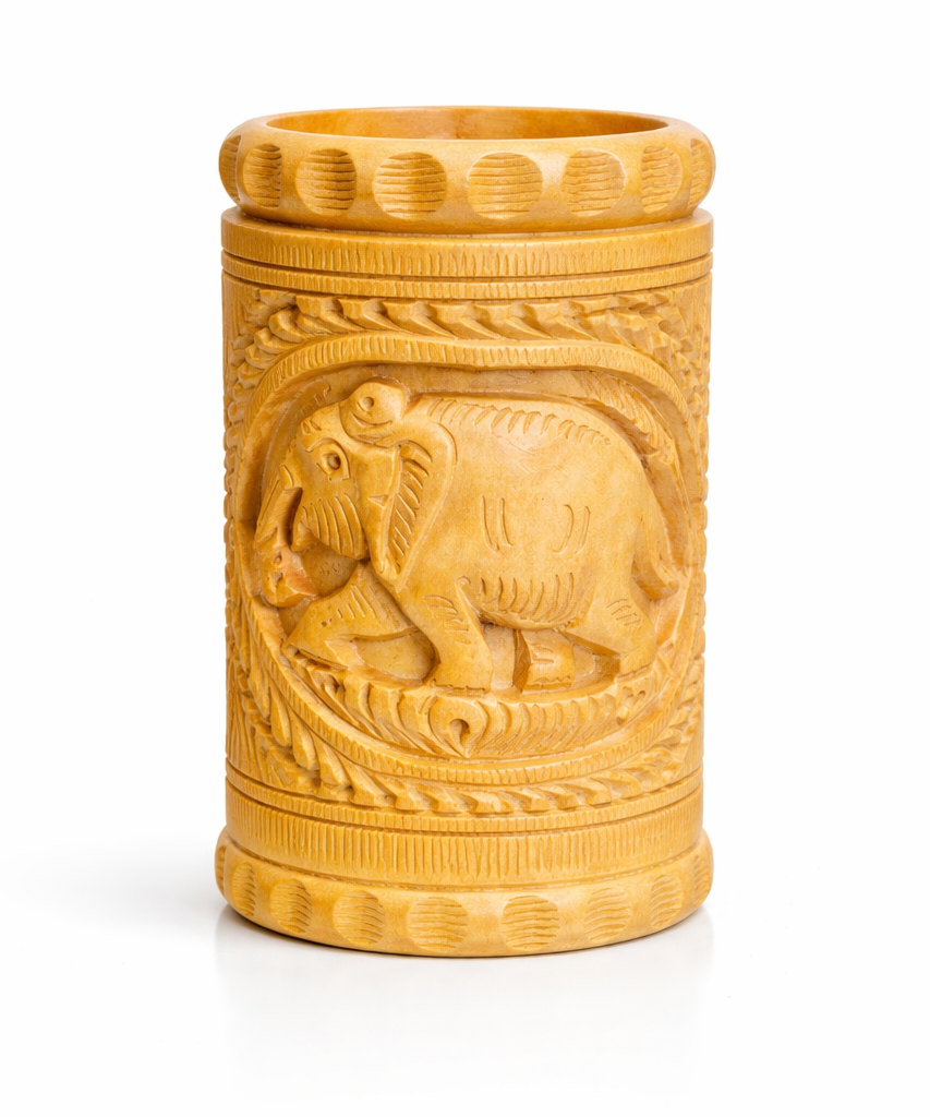 Hand-Carved Wooden Pen Holder – Lion, Elephant & Deer | Gallory Hive