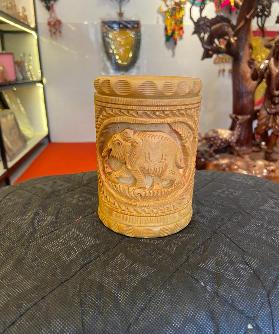 Hand-Carved Wooden Pen Holder – Lion, Elephant & Deer | Gallory Hive