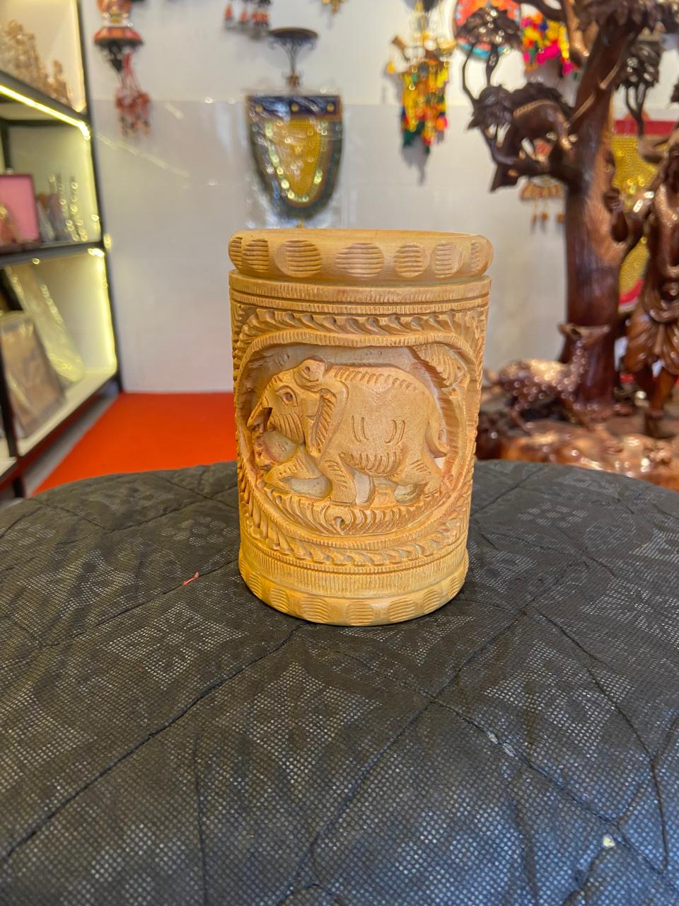 Hand-Carved Wooden Pen Holder – Lion, Elephant & Deer | Gallory Hive