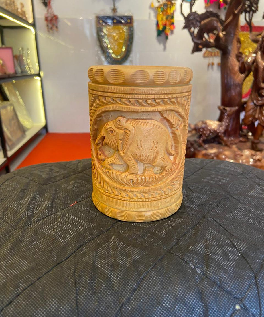 Hand-Carved Wooden Pen Holder – Lion, Elephant & Deer | Gallory Hive