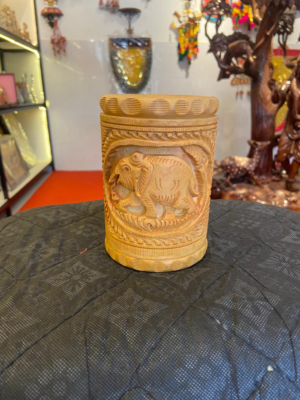 Hand-Carved Wooden Pen Holder – Lion, Elephant & Deer | Gallory Hive