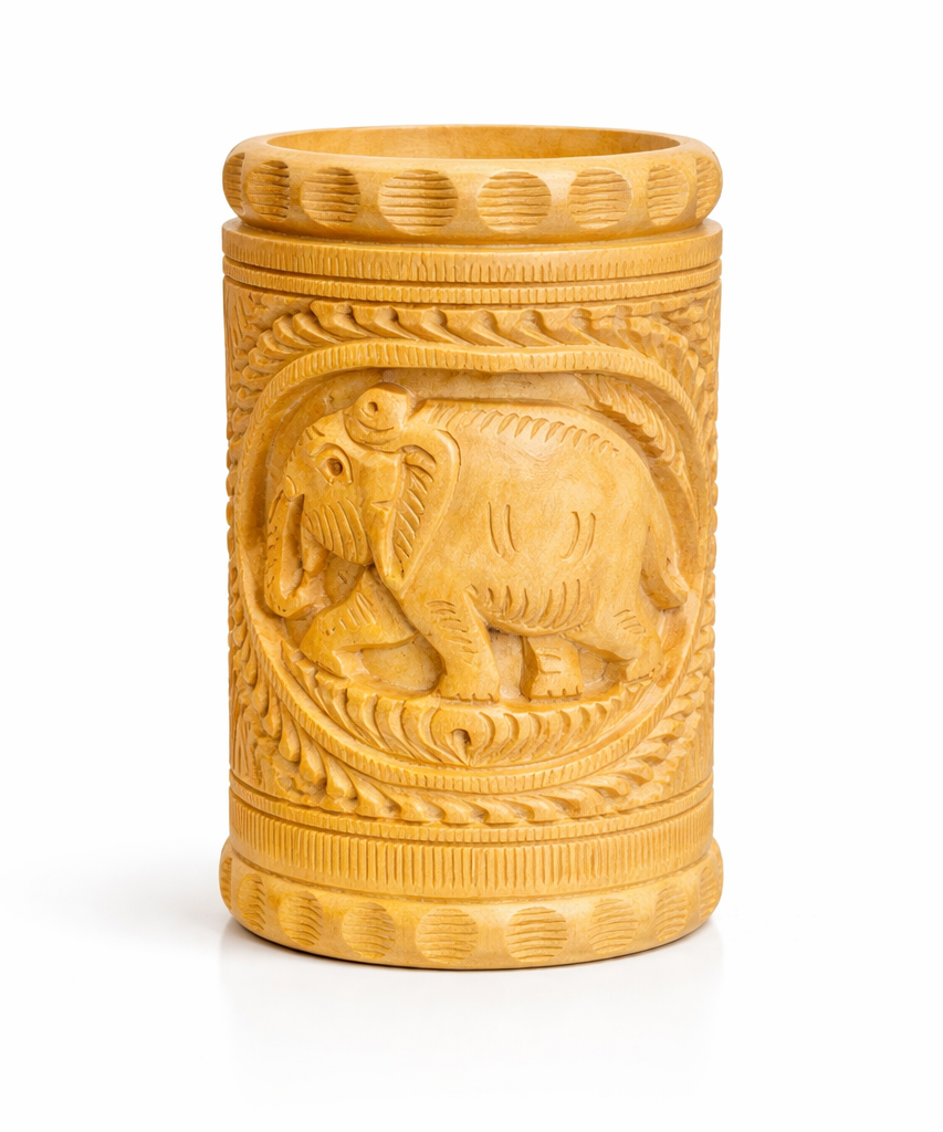 Hand-Carved Wooden Pen Holder – Lion, Elephant & Deer | Gallory Hive