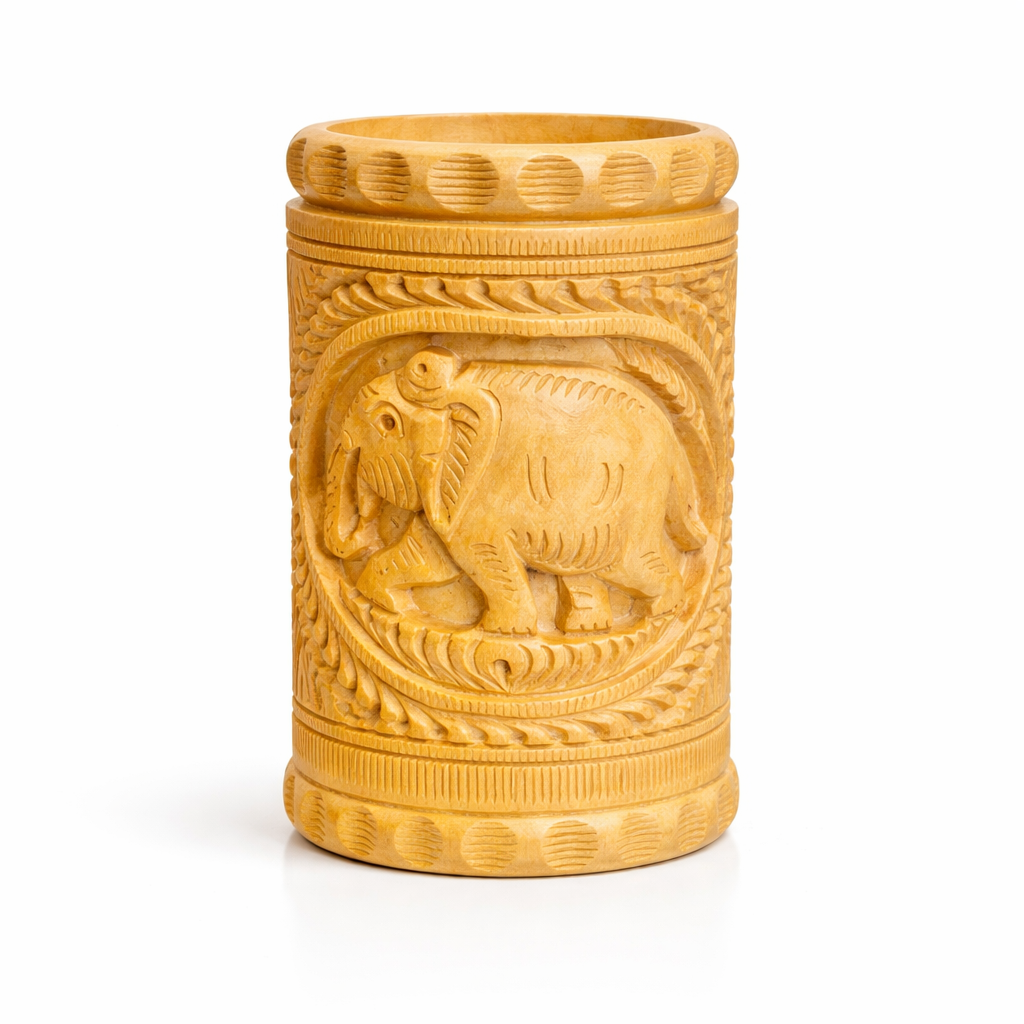 Hand-Carved Wooden Pen Holder – Lion, Elephant & Deer | Gallory Hive
