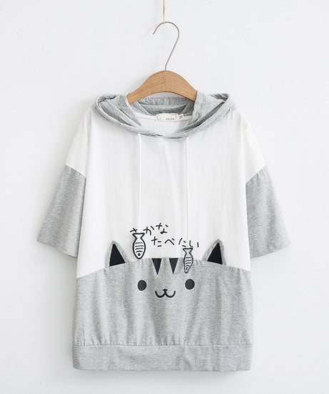 Small fresh everything Japanese little women's cute soft sister hoodie summer clothes new cat hooded short sleeve T-shirt 62