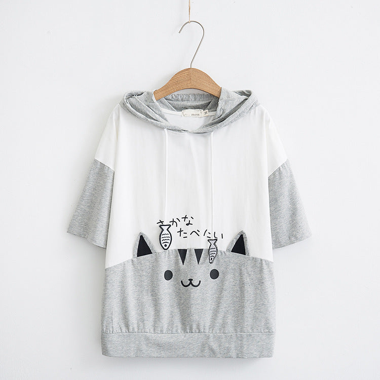 Small fresh everything Japanese little women's cute soft sister hoodie summer clothes new cat hooded short sleeve T-shirt 62