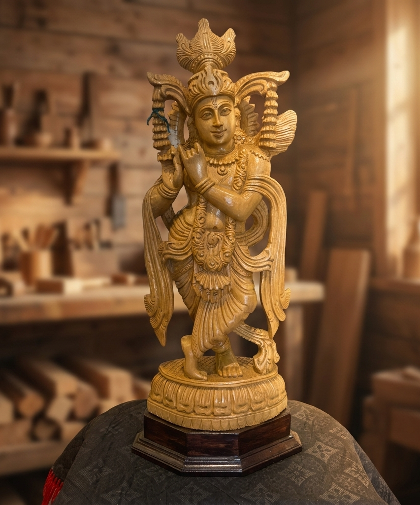 Handmade Standing Krishna Wooden Sculpture | Gallory Hive