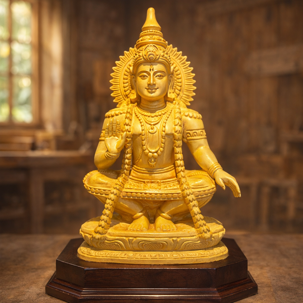 Handmade Sitting Lord Ayyappa Wooden Sculpture | Gallory Hive