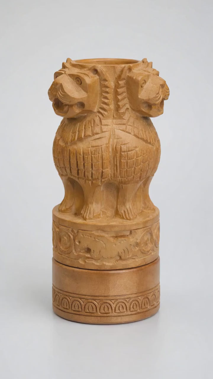 Hand-Carved Wooden Pen Holder – Lion, Elephant & Deer | Gallory Hive