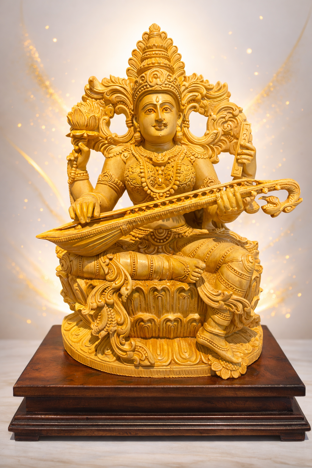 Handmade Sitting Saraswati Wooden Sculpture | Gallory Hive