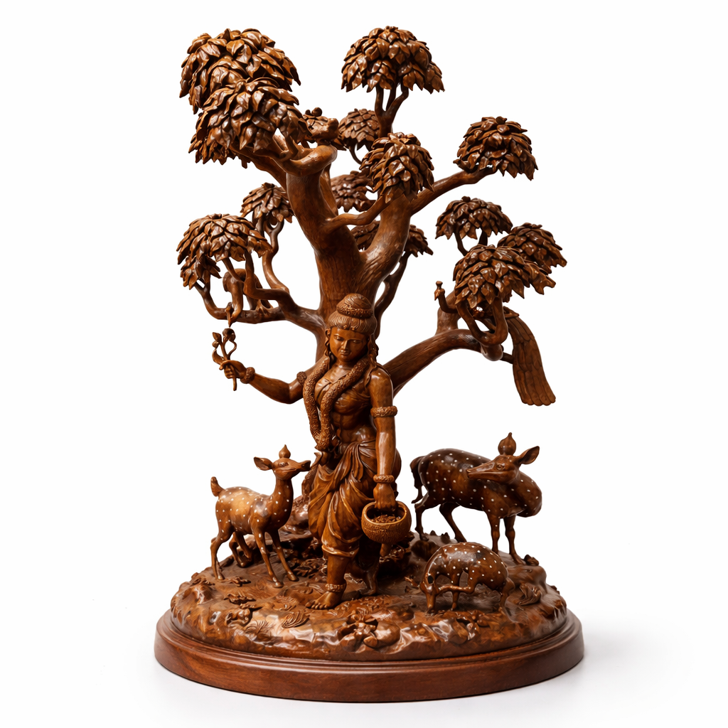Handcrafted Wooden Shakuntala with Deer Sculpture | Gllory Hive