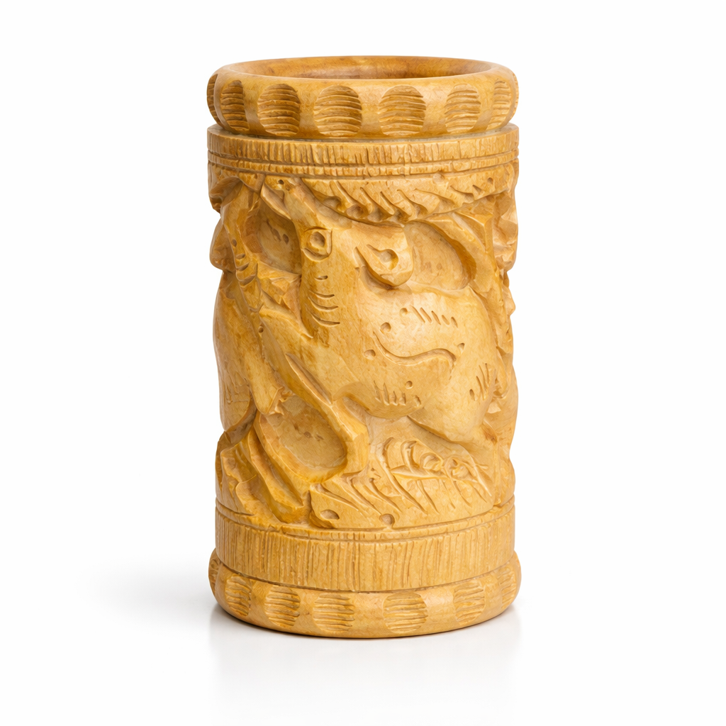 Hand-Carved Wooden Pen Holder – Lion, Elephant & Deer | Gallory Hive
