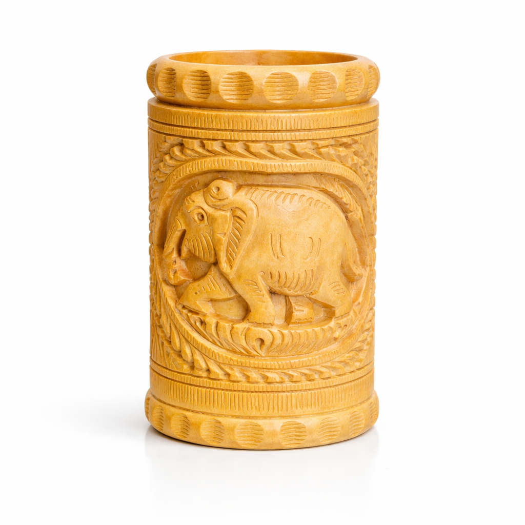Hand-Carved Wooden Pen Holder – Lion, Elephant & Deer | Gallory Hive
