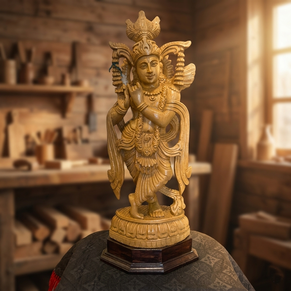Handmade Standing Krishna Wooden Sculpture | Gallory Hive