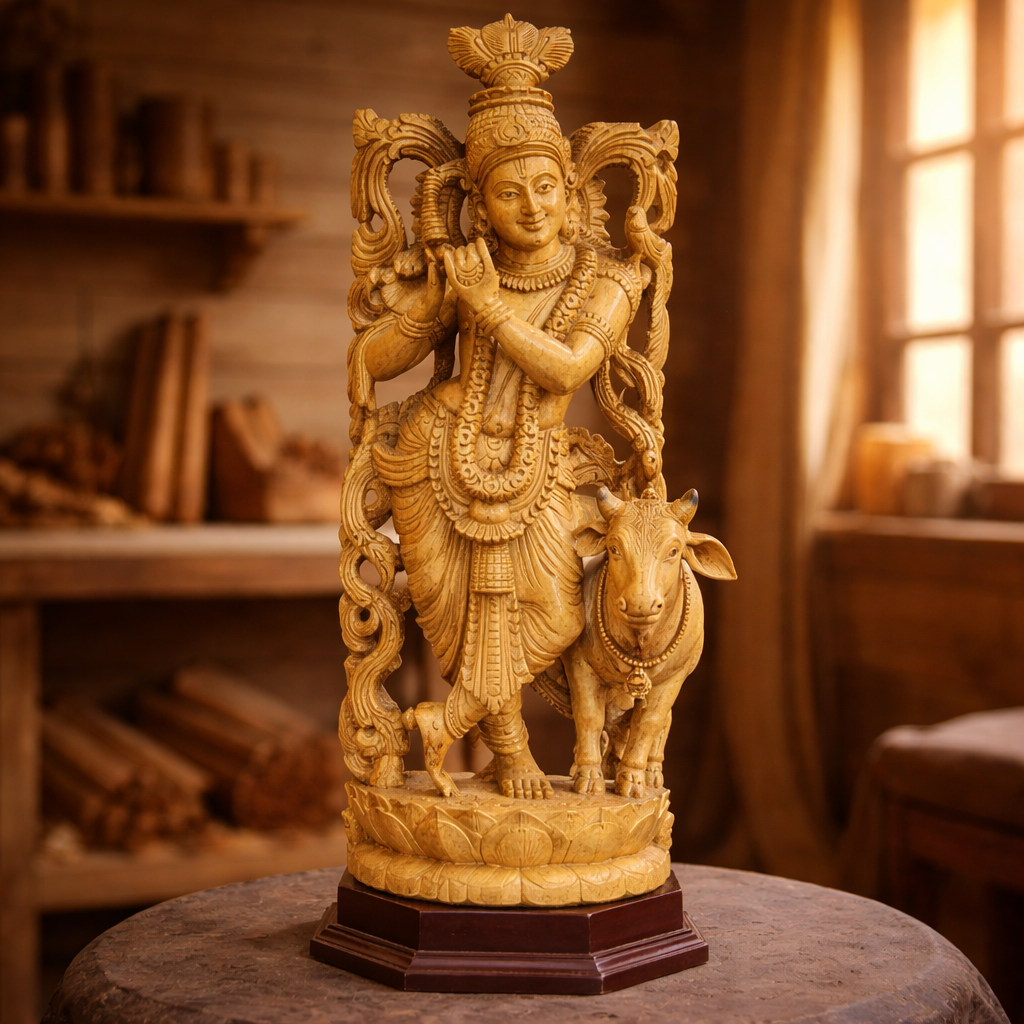 Handcrafted Wooden Vrindavan Krishna Sculpture | Gallory Hive