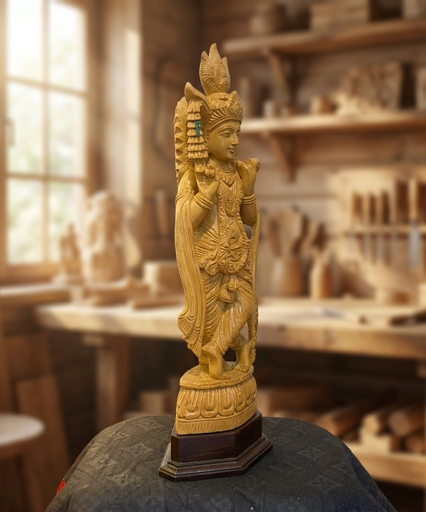 Handmade Standing Krishna Wooden Sculpture | Gallory Hive