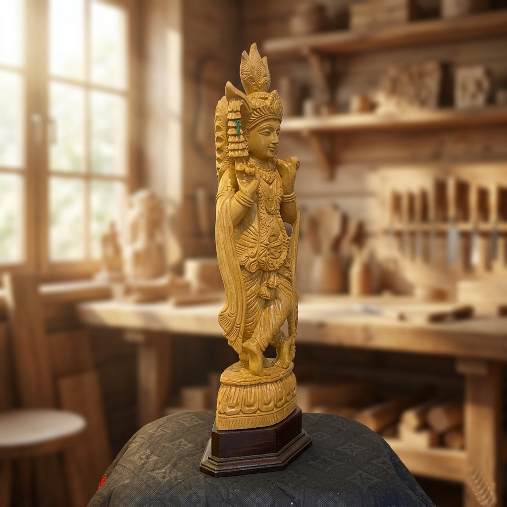 Handmade Standing Krishna Wooden Sculpture | Gallory Hive