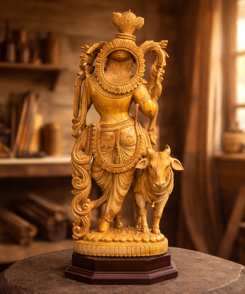 Handcrafted Wooden Vrindavan Krishna Sculpture | Gallory Hive