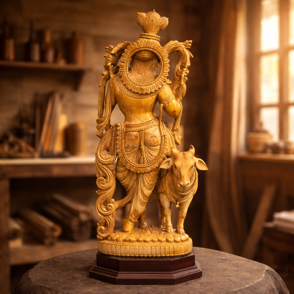 Handcrafted Wooden Vrindavan Krishna Sculpture | Gallory Hive