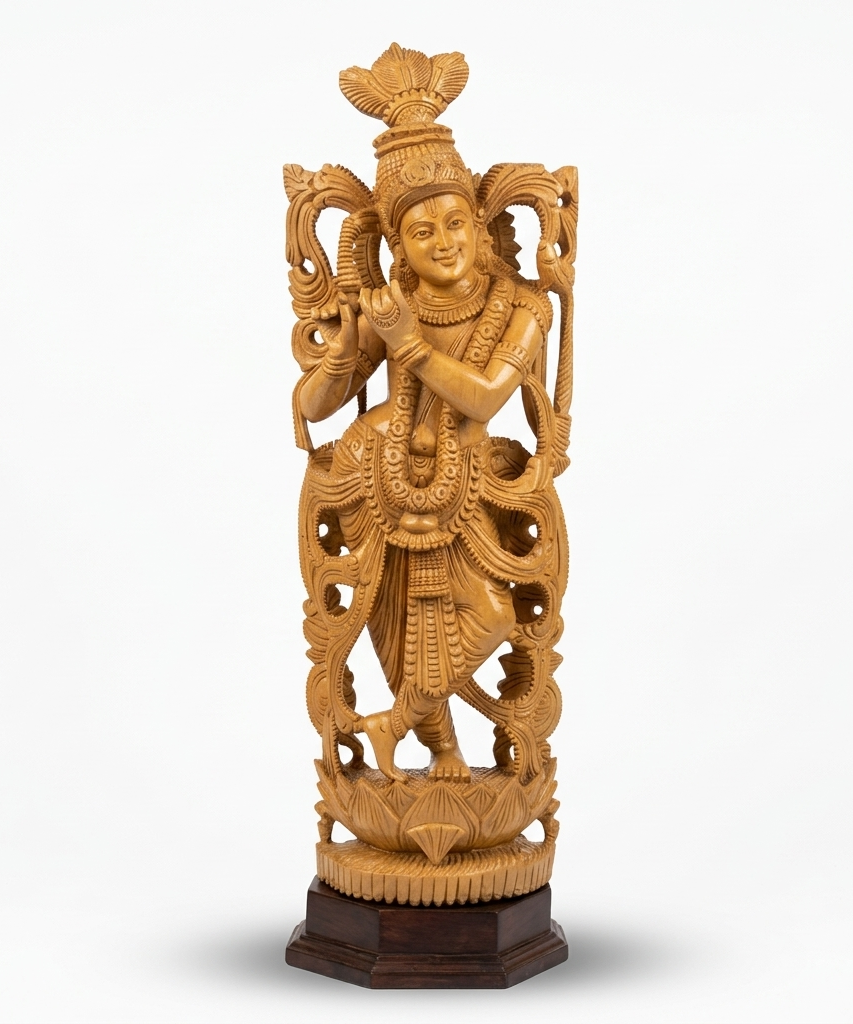 Handcrafted Wooden Vrindavan Krishna Sculpture | Gallory Hive