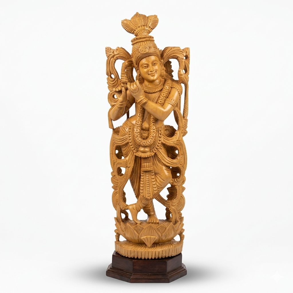 Handcrafted Wooden Vrindavan Krishna Sculpture | Gallory Hive