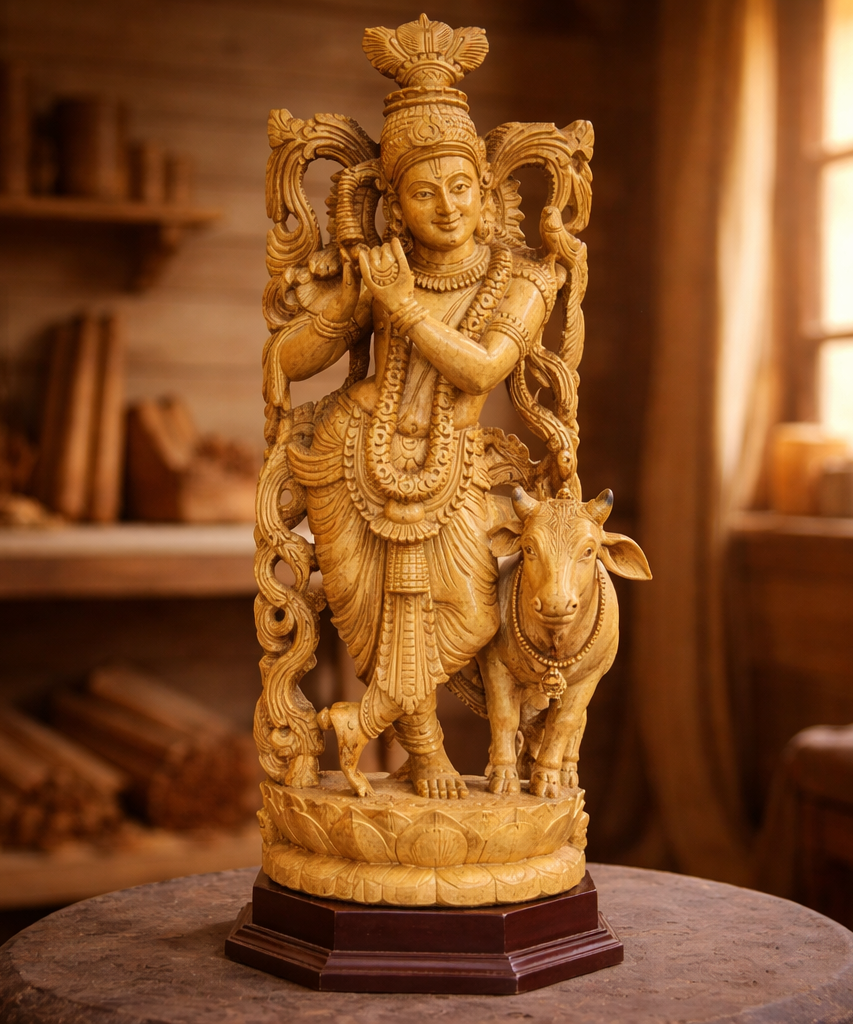 Handcrafted Wooden Vrindavan Krishna Sculpture | Gallory Hive