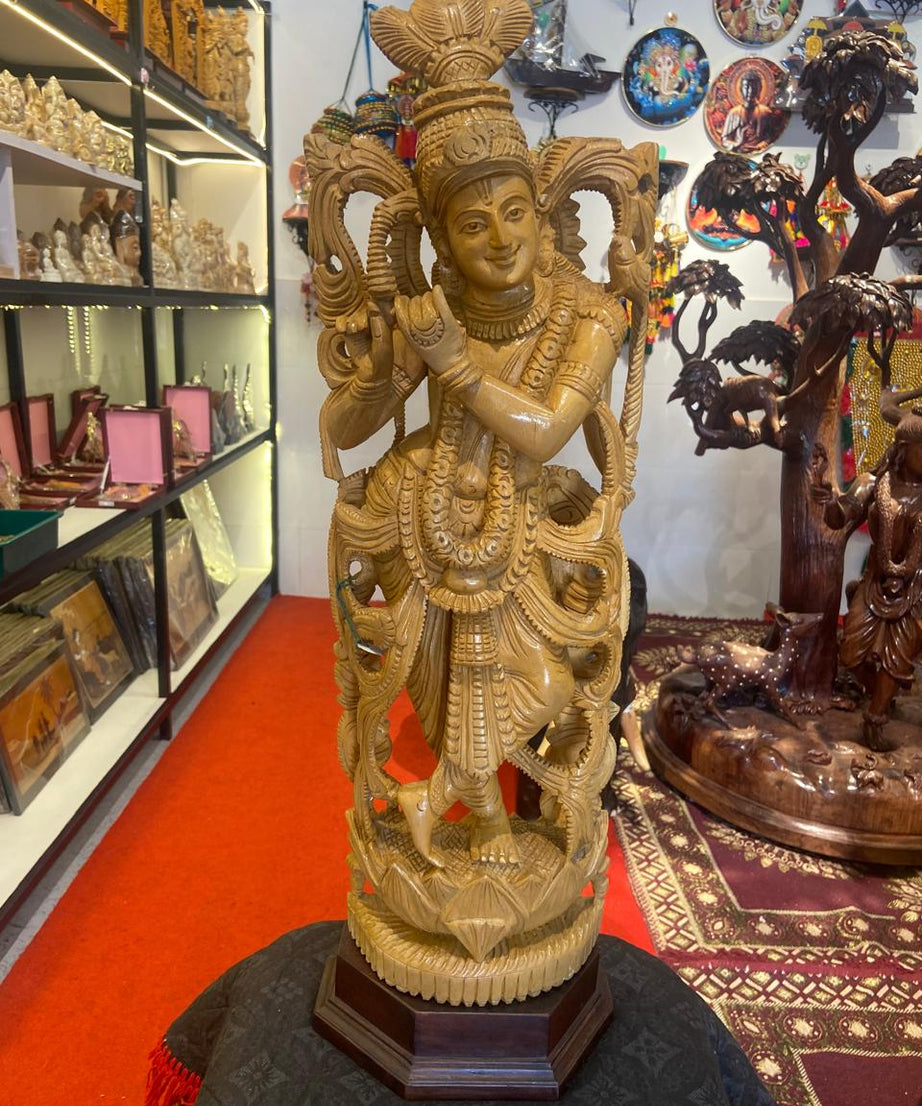 Handcrafted Wooden Vrindavan Krishna Sculpture | Gallory Hive